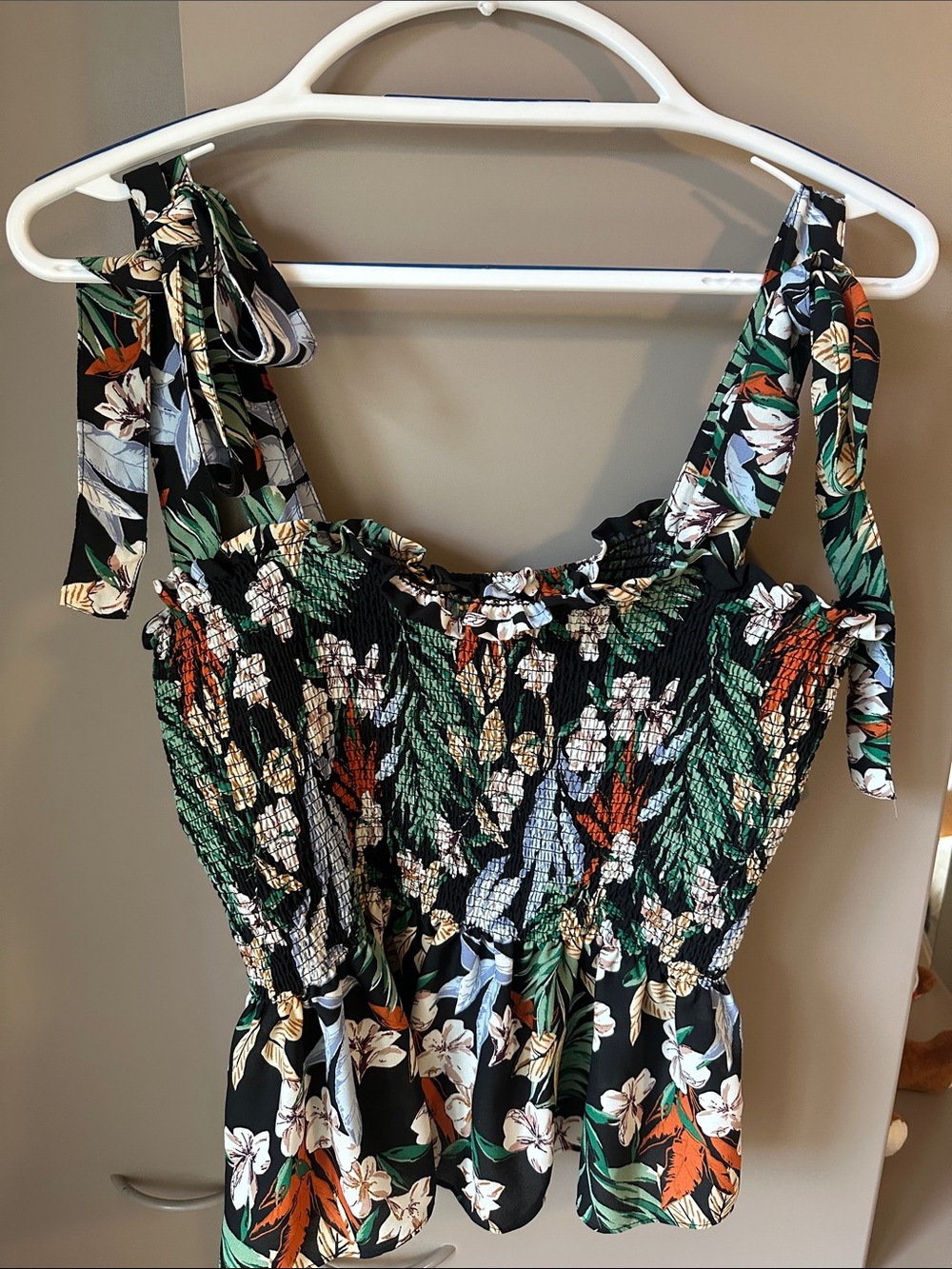 Rachel Zoe Black Floral Smocked Tie-Strap Top